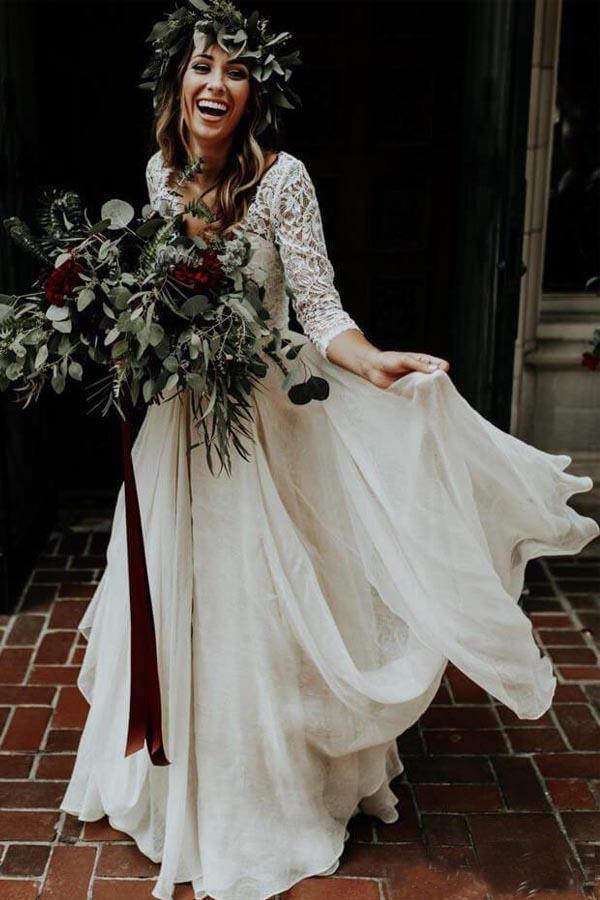 Two Piece 3/4 Sleeve Chiffon Bohemian Wedding Dress WD314 Custom Size / White Two Piece 3/4 Sleeve Chiffon Bohemian Wedding Dress WD314 Custom Size / White