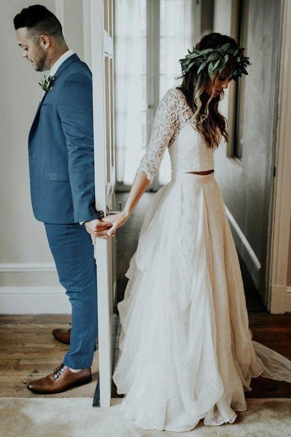Two Piece 3/4 Sleeve Chiffon Wedding Dresses Wedding Dress  WD314 - Pgmdress