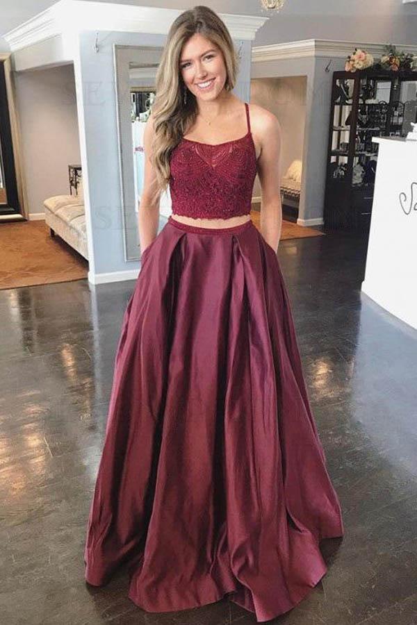 strapless open back dress Two Piece A-Line Satin Spaghetti Straps Burgundy Prom Dress PSK109 US8 / Custom Color