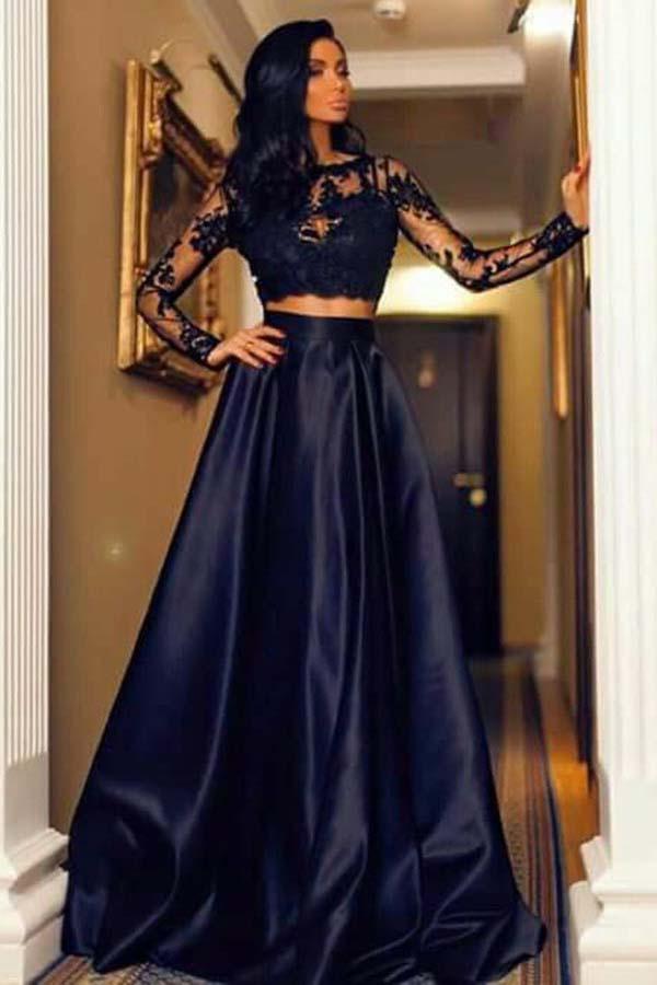 Two Piece Bateau Sweep Train Navy Blue Prom Dress with Appliques US8 / Navy Blue Two Piece Bateau Sweep Train Navy Blue Prom Dress with Appliques US8 / Navy Blue
