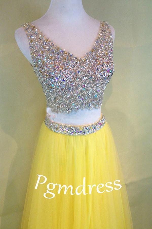 Two-Piece Beaded Sleeveless V-Neck Tulle Yellow Prom Dresses PG380 - Pgmdress