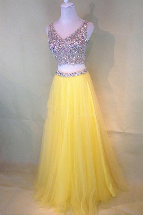 Two-Piece Beaded Sleeveless V-Neck Tulle Yellow Prom Dress PG380 US6 / Custom Color