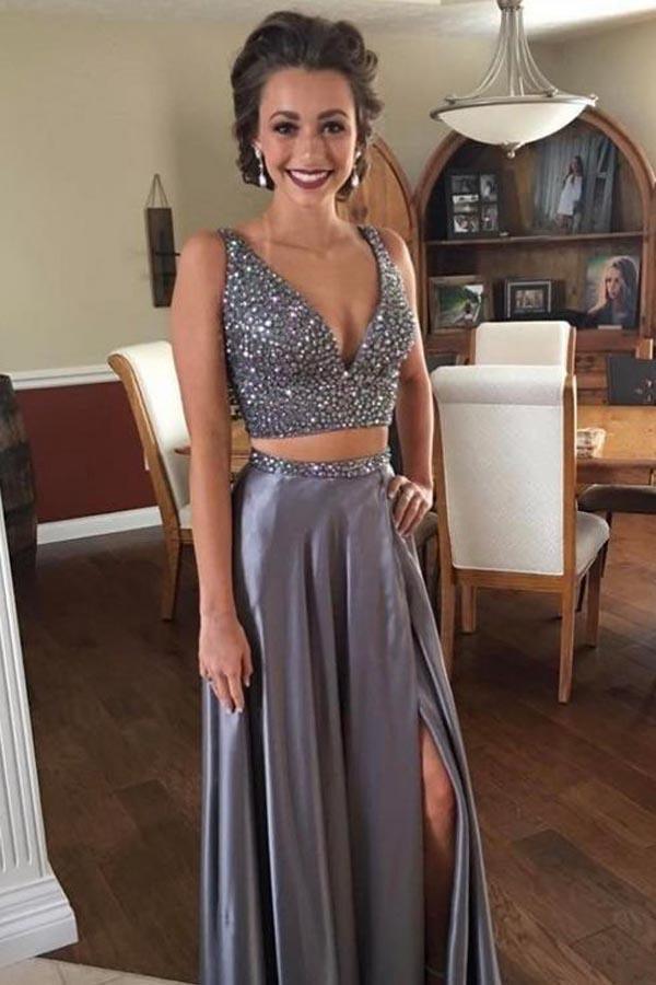 Two Piece Deep V Neck Slit Grey Satin Prom Dresss With Beading PG526 US10 / Custom Color Two Piece Deep V Neck Slit Grey Satin Prom Dresss With Beading PG526 US10 / Custom Color