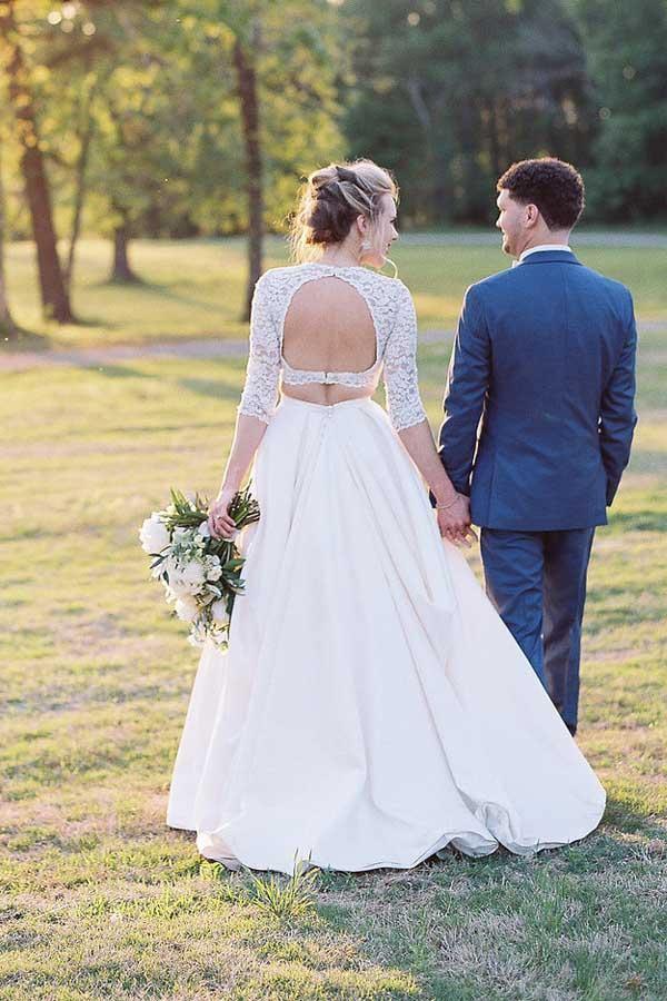 Two Piece Half Sleeves See-Through Wedding Dress with Lace Top WD387 - Pgmdress