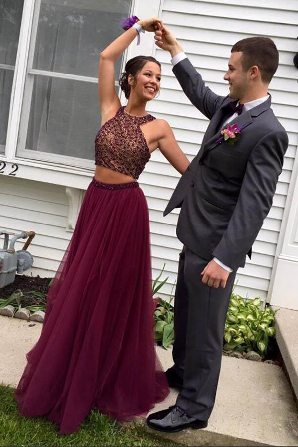 Two Piece Halter Burgundy Tulle Open Back Beading Prom Dresses PG459 - Pgmdress