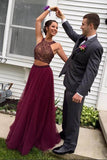 Two Piece Halter Burgundy Tulle Open Back Beading Prom Dresses PG459 - Pgmdress