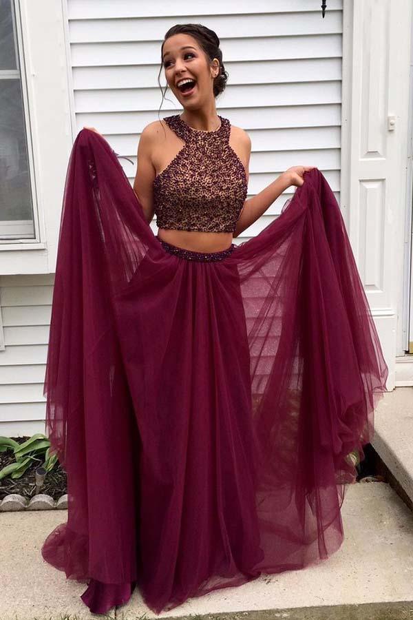 Two Piece Halter Tulle Open Back Beading Burgundy Prom Dress PG459