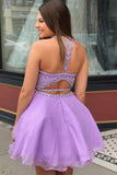 Two Piece High Neck Beading Lilac Chiffon Homecoming Dress PD335 - Pgmdress