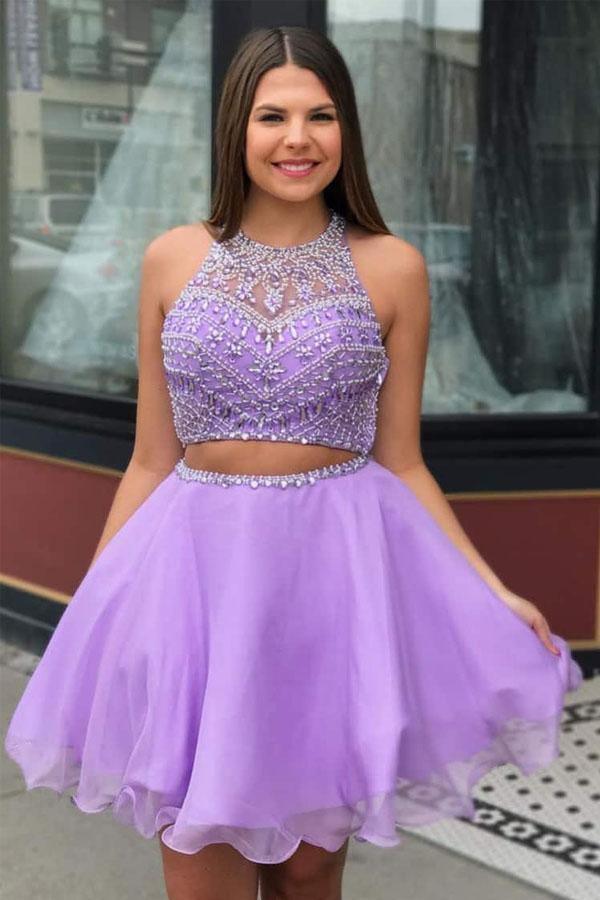 Two Piece High Neck Beading Lilac Chiffon Homecoming Dress PD335 - Pgmdress