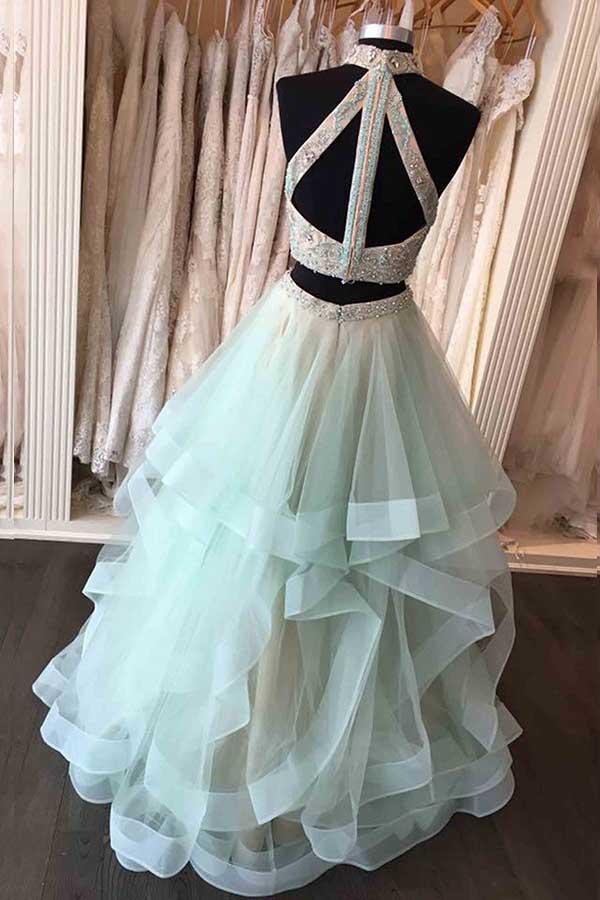 Two Piece High Neck Floor-Length Open Back Mint Organza Prom Dress PG551 - Pgmdress