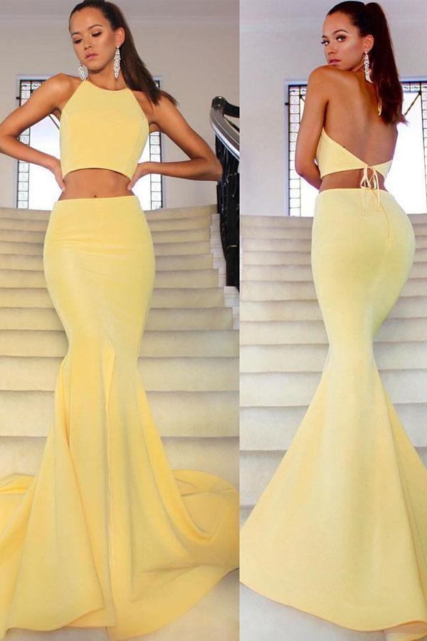strapless open back dress Two Piece High Neck Mermaid Satin Pink Prom Dress with Split PG892 –  Pgmdress