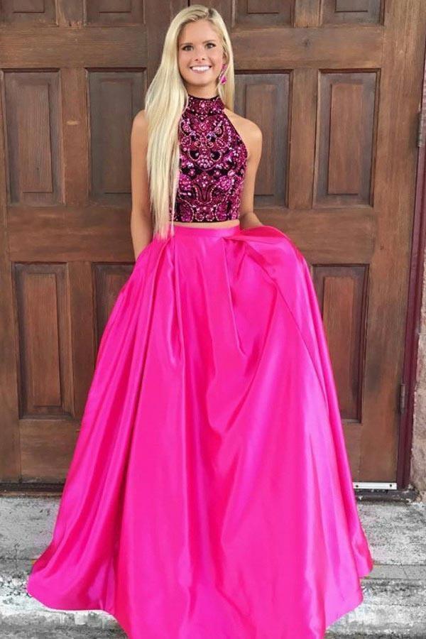 high neck two piece prom dress High Neck Sleeveless Keyhole Back Tulle Beaded Long Two Piece Prom Dress