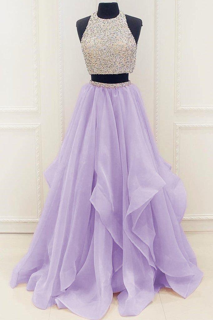 Two Piece High Neck Organza Lilac Prom/Evening Dresses With Beading Custom Size / Lilac Two Piece High Neck Organza Lilac Prom/Evening Dresses With Beading Custom Size / Lilac