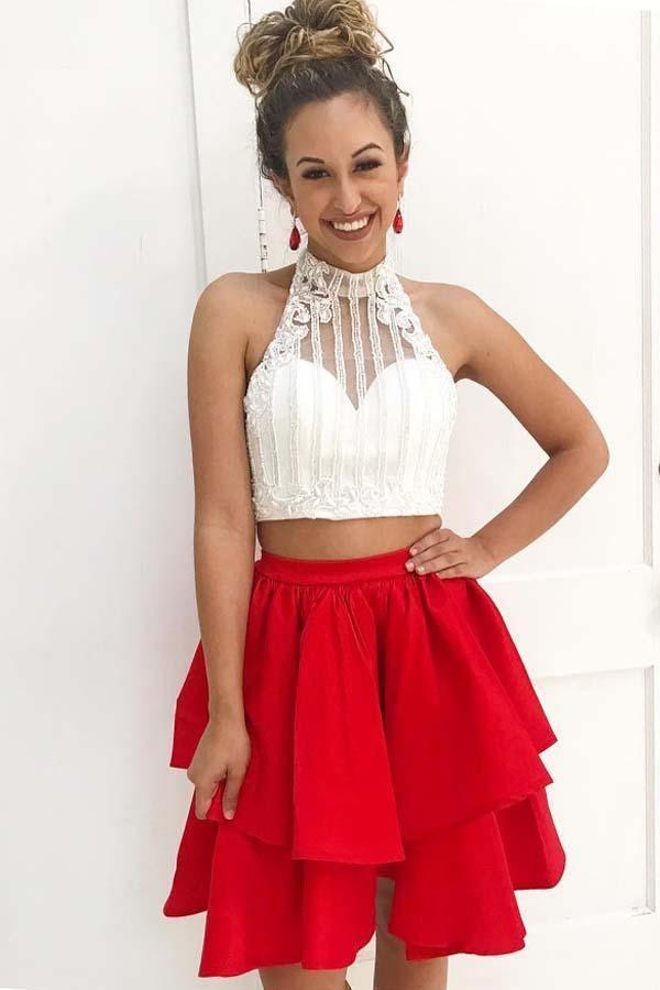 Two Piece High Neck Short Red Satin Homecoming Dress with Beading US8 / Custom Color Two Piece High Neck Short Red Satin Homecoming Dress with Beading US8 / Custom Color