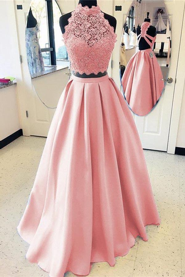 Two Piece Light Blue Lace Prom Dresses High Neck Evening Gowns