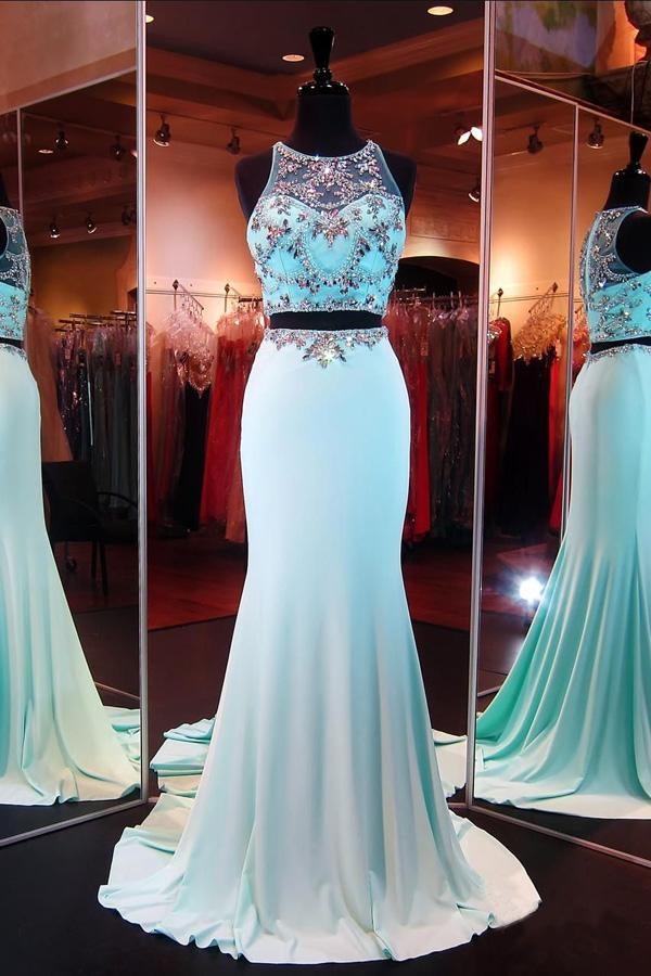 fitted lace wedding dress White Strapless Mermaid Two Piece Long Prom Dress