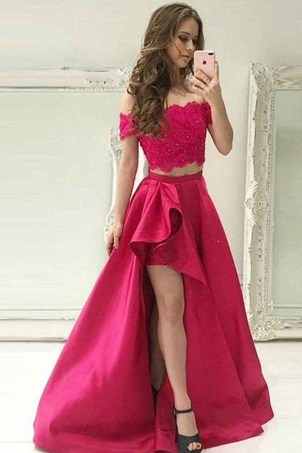 Two Piece Off Shoulder Fuchsia Prom Dress with Pockets PSK120 US2 / Fuchsia Two Piece Off Shoulder Fuchsia Prom Dress with Pockets PSK120 US2 / Fuchsia