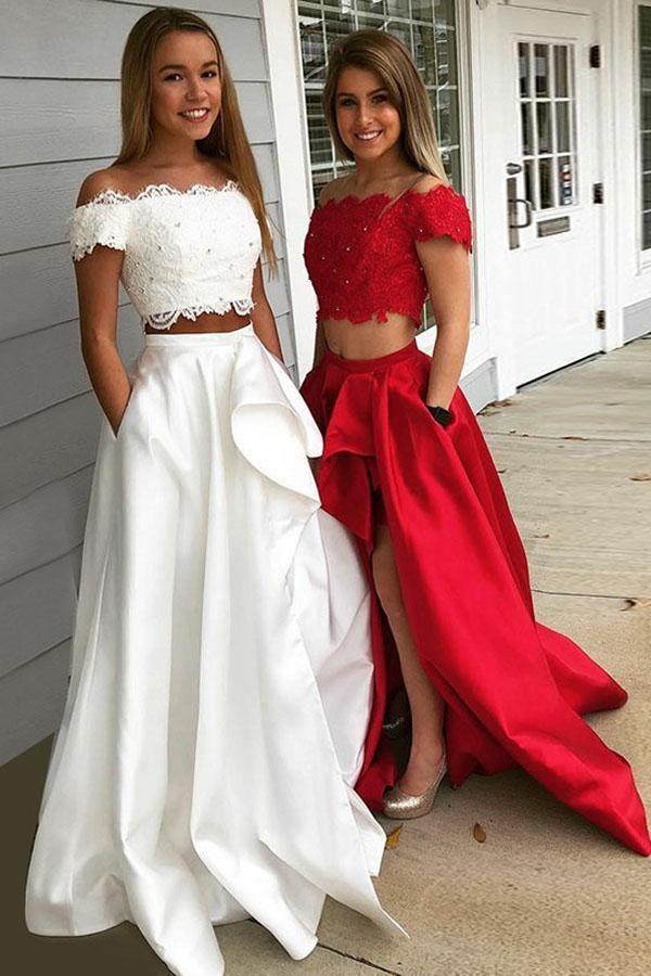 short sleeve two piece prom dress Two-Piece Prom Dress with Short-Sleeve Crop Top Burgundy / 00
