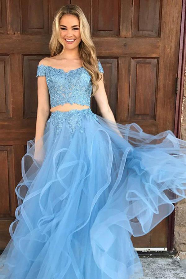 off the shoulder sky blue dress Two Piece Off Shoulder Blue Organza Prom Dress with Appliques PG451 US0 / Blue