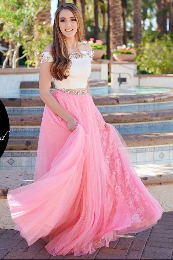 two piece off shoulder prom dress Two Piece Off the Shoulder White and Blue Prom Dress with Slit PG542 US2 / Pink