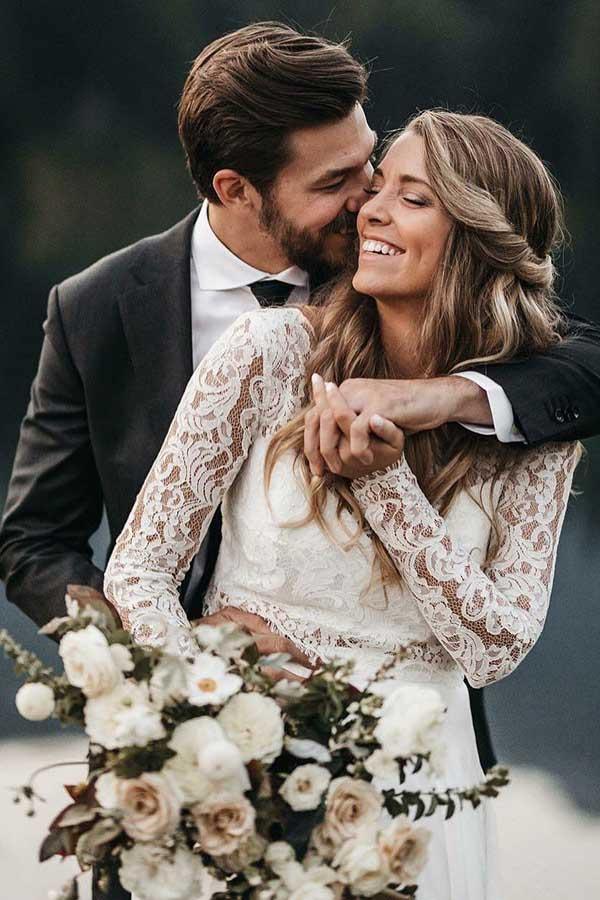 Two Piece Lace Top Chiffon Long Sleeve Beach Wedding Dress WD416-Pgmdress