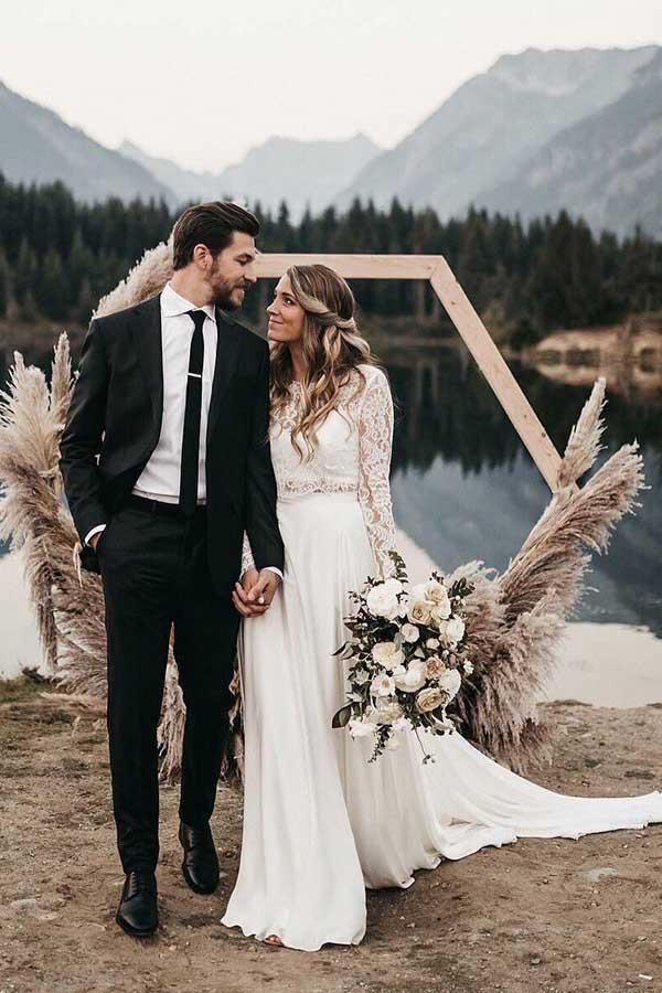 Two Piece Lace Top Chiffon Long Sleeve Beach Wedding Dress WD416-Pgmdress