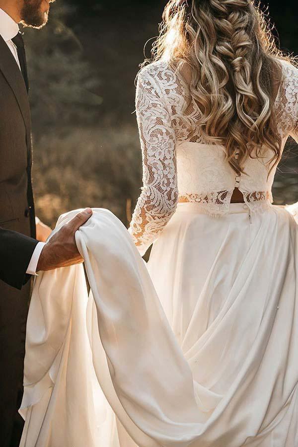 Two Piece Lace Top Chiffon Long Sleeve Beach Wedding Dress WD416-Pgmdress