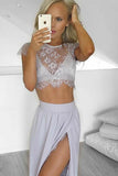 Robe de bal deux pièces gris clair à col rond et fente en dentelle PG423