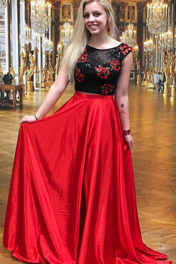 red two piece lace dress & Satin Two-piece Prom with Pockets and a sheer back 02. 2-piece skirt set, red