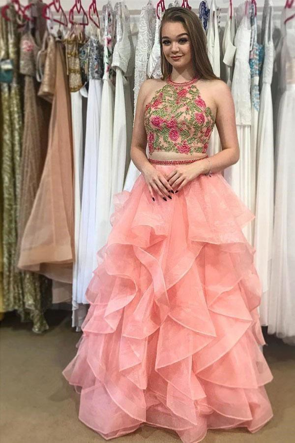 Two Piece Round Neck Tiered Pink Prom Dress with Appliques PG454 US10 / Custom Color Two Piece Round Neck Tiered Pink Prom Dress with Appliques PG454 US10 / Custom Color