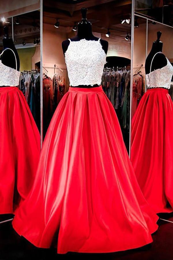 Two-piece Square Neck Red Prom Dress Evening Dress PG280 US0 / White/Red Two-piece Square Neck Red Prom Dress Evening Dress PG280 US0 / White/Red