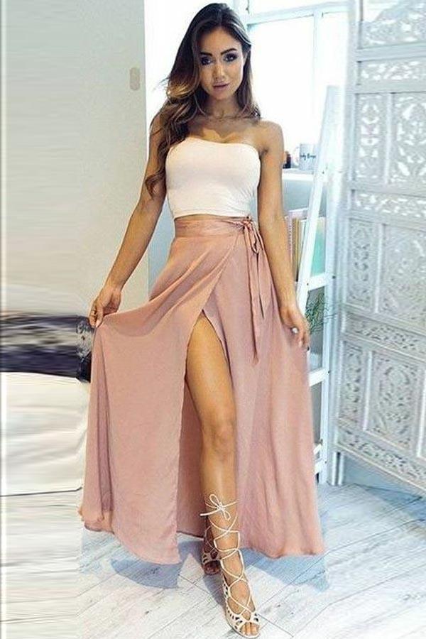 Two Piece Strapless Ankle-Length High Split Chiffon Prom Dress PG433 US10 / White/Blush Two Piece Strapless Ankle-Length High Split Chiffon Prom Dress PG433 US10 / White/Blush