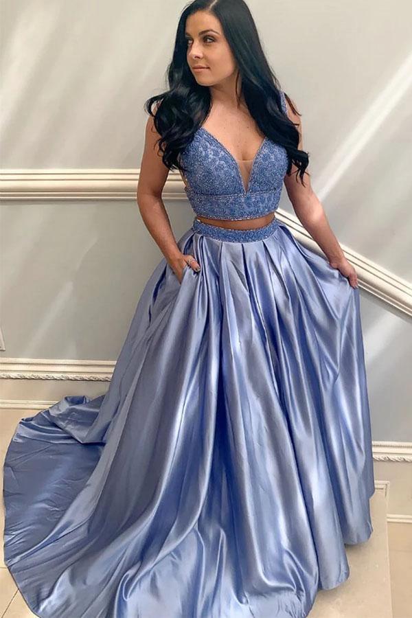 Two Piece V Neck Blue Satin Prom Dress Evening Dress with Beading US12 / Blue Two Piece V Neck Blue Satin Prom Dress Evening Dress with Beading US12 / Blue