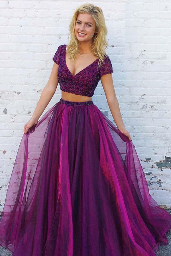 Two Piece V-Neck Short Sleeves Purple Tulle Prom Dress with Beading PG842 - Pgmdress