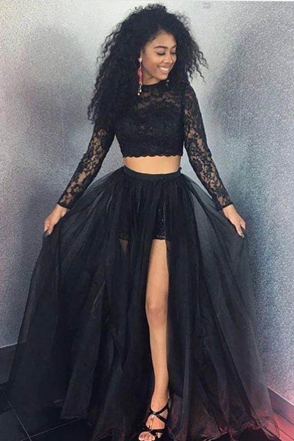 Two Pieces A-Line Long Sleeve Black Prom Dress Party Dress PG912 US16 / Black