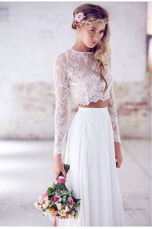 Two Pieces Long Sleeves Lace White Beach Wedding Bridal Dresses WD383 - Pgmdress