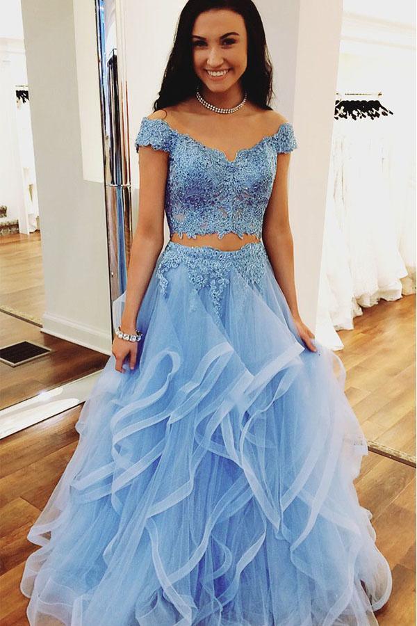 Two Pieces Off Shoulder Short Sleeve Light Blue Prom Dress PG556