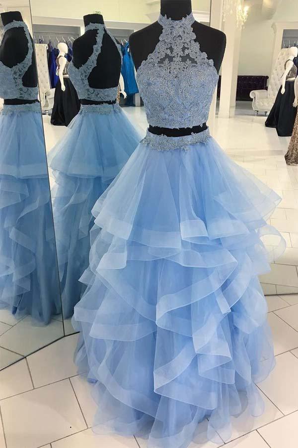 Two Pieces Open Back Lace Organza Ruffle Long Prom Dress PG579 US16 / Custom Color