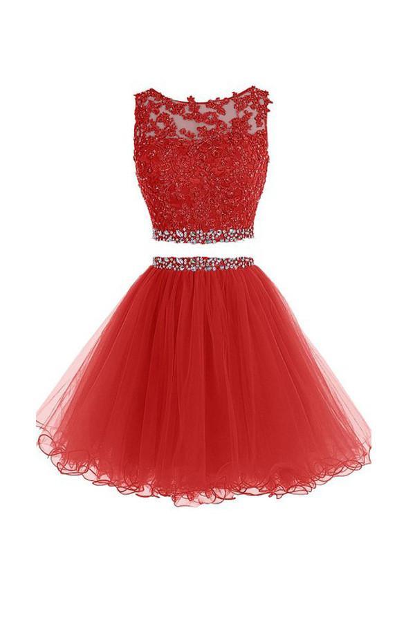 Two Pieces Prom Dresses Applique Short Homecoming Dresses US16 / Red Two Pieces Prom Dresses Applique Short Homecoming Dresses US16 / Red