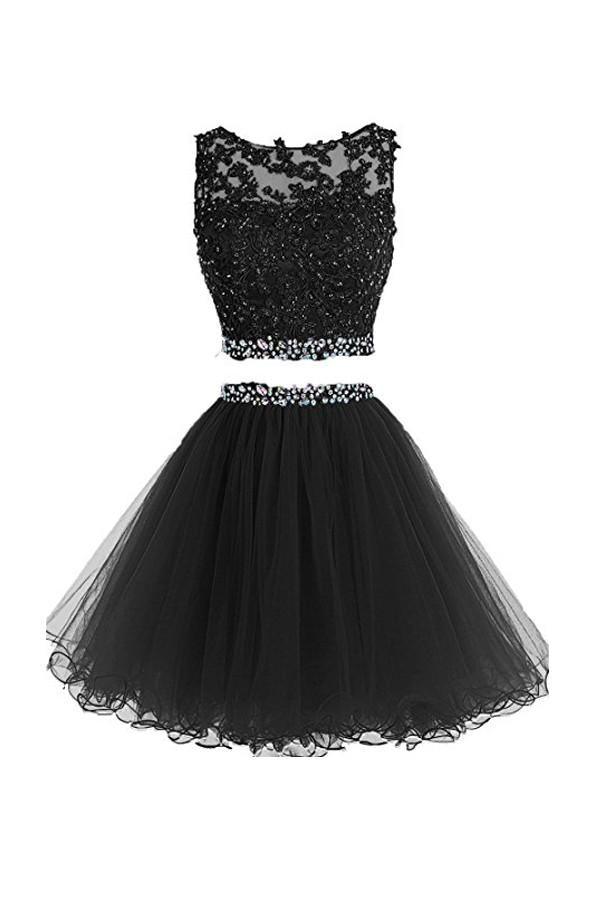 Two Pieces Prom Dresses Applique Short Homecoming Dresses US16 / Black Two Pieces Prom Dresses Applique Short Homecoming Dresses US16 / Black