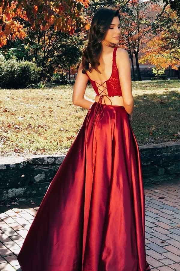 Two Pieces Scoop Sleeveless Burgundy Split Criss Cross Back Prom Dress PG745 - Pgmdress