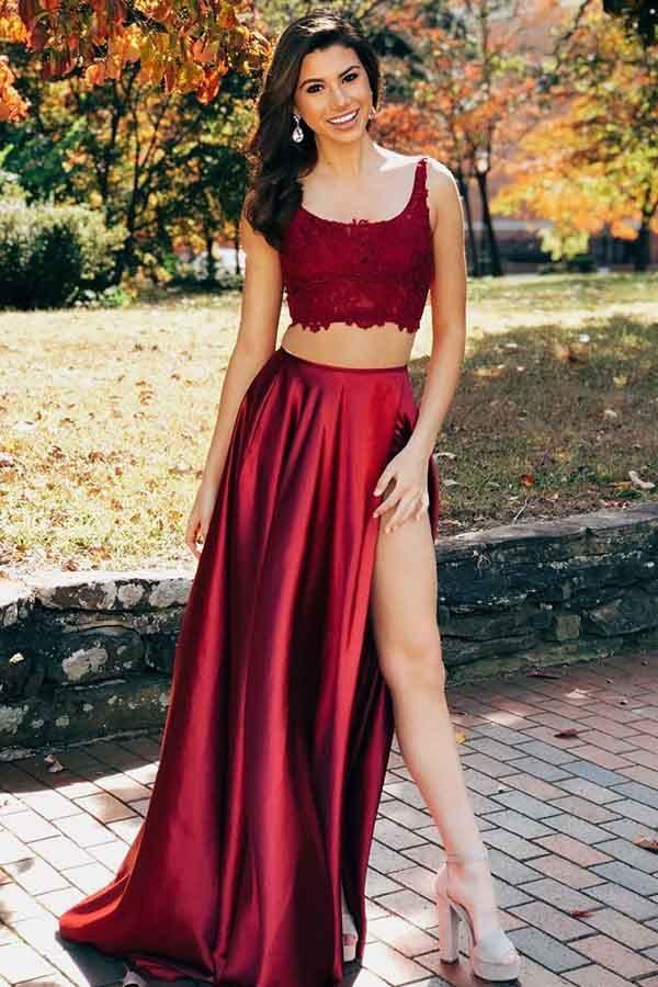 Two Pieces Sleeveless Split Criss Cross Burgundy Prom Dress PG745 US8 / Custom Color Two Pieces Sleeveless Split Criss Cross Burgundy Prom Dress PG745 US8 / Custom Color