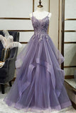 Unique Long Tulle Spaghetti Straps Layered Prom Dress With Lace Applique PSK017 - Pgmdress