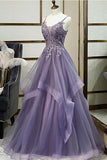 Unique Long Tulle Spaghetti Straps Layered Prom Dress With Lace Applique PSK017 - Pgmdress