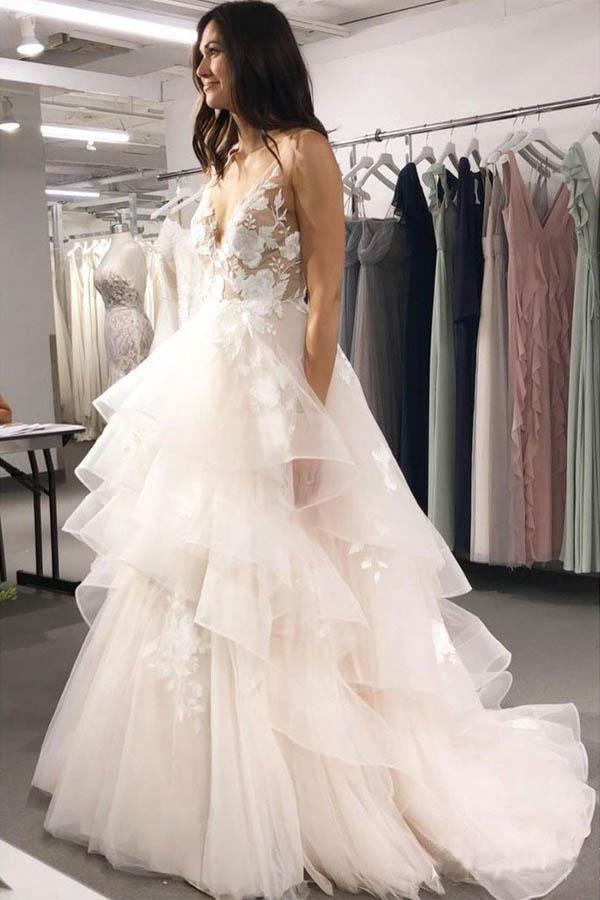 V Neck Ball Gown Wedding Dress Layered Skirt Wedding Dress WD345 US2 / Ivory V Neck Ball Gown Wedding Dress Layered Skirt Wedding Dress WD345 US2 / Ivory