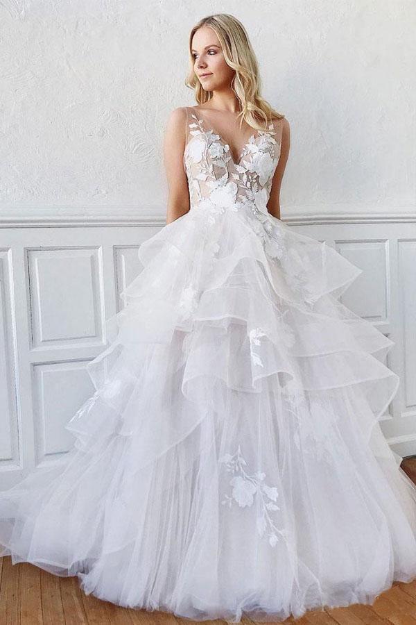 V Neck Ball Gown Wedding Dresses Layered Skirt Wedding Dress WD345 - Pgmdress