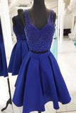 V Neck Beaded Royal Blue Two Piece Short Prom Dress Homecoming Dresses PD162 - Pgmdress