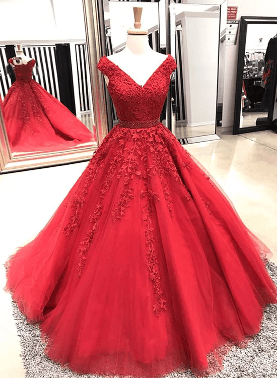 A-Line V-Neck Red Tulle Long Prom Dress With Lace, Evening Dress CMS21 –  cathyprom