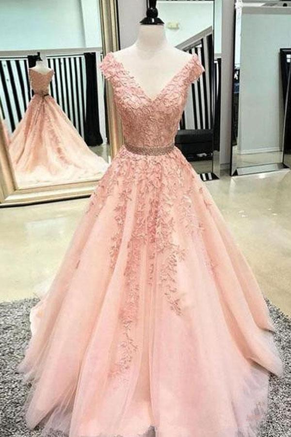 V Neck Cap Sleeves Lace A-line Long Prom Dresses Formal Dresses – Pgmdress