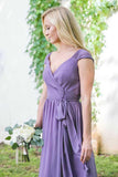 V-Neck Cap Sleeves Lace-Up Purple Long Chiffon Bridesmaid Dress BD042 - Pgmdress